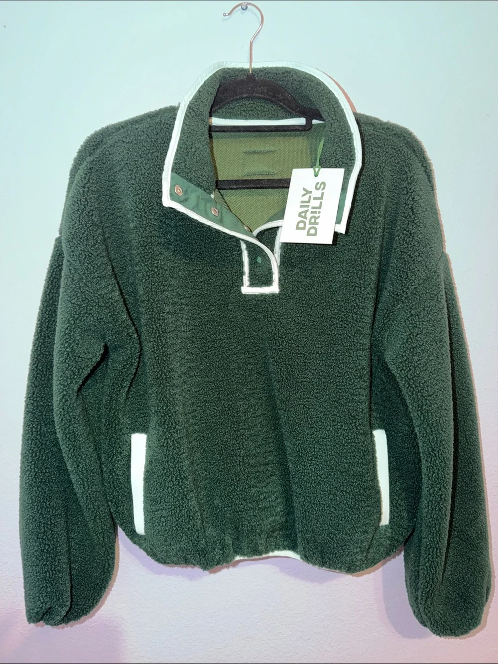 Daily Drills Dark Green Sherpa Pullover with White Trim